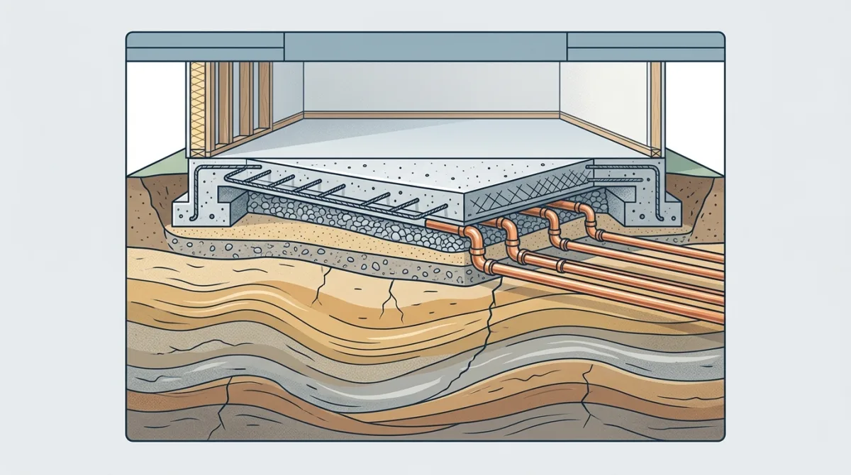 Cross-section diagram showing a residential concrete foundation slab with under-slab copper pipes and expansive clay soil layers below